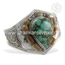 Perseverante coral e turquesa gemstone bracelete de prata 925 prata esterlina joalheria jóias atacadista